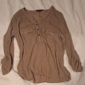 Notations Beige V-Neck Blouse with Button Accents